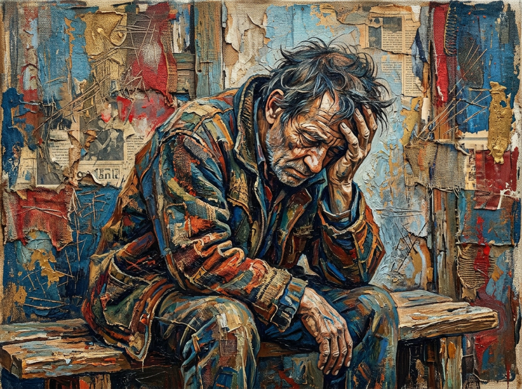 An older man in a worn, colorful patchwork jacket sitting with his head in his hand, looking down.